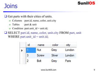 www.SunilOS.com 9
Joins
 Get parts with their cities of units.
o Columns :part.id, name, color, unit.city
o Tables :part & unit
o Condition :part.unit_id = unit.id;
 SELECT part.id, name, color, unit.city FROM part, unit
WHERE part.unit_id = unit.id;
 