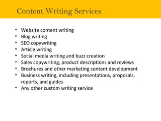 Content Writing Services
• Website content writing
• Blog writing
• SEO copywriting
• Article writing
• Social media writi...