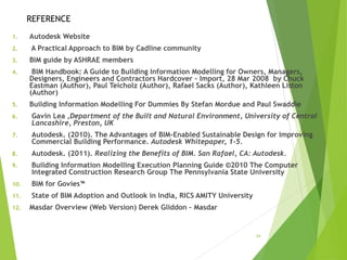 34
REFERENCE
1. Autodesk Website
2. A Practical Approach to BIM by Cadline community
3. BIM guide by ASHRAE members
4. BIM Handbook: A Guide to Building Information Modelling for Owners, Managers,
Designers, Engineers and Contractors Hardcover – Import, 28 Mar 2008 by Chuck
Eastman (Author), Paul Teicholz (Author), Rafael Sacks (Author), Kathleen Liston
(Author)
5. Building Information Modelling For Dummies By Stefan Mordue and Paul Swaddle
6. Gavin Lea ,Department of the Built and Natural Environment, University of Central
Lancashire, Preston, UK
7. Autodesk. (2010). The Advantages of BIM-Enabled Sustainable Design for Improving
Commercial Building Performance. Autodesk Whitepaper, 1-5.
8. Autodesk. (2011). Realizing the Benefits of BIM. San Rafael, CA: Autodesk.
9. Building Information Modelling Execution Planning Guide ©2010 The Computer
Integrated Construction Research Group The Pennsylvania State University
10. BIM for Govies™
11. State of BIM Adoption and Outlook in India, RICS AMITY University
12. Masdar Overview (Web Version) Derek Gliddon - Masdar
 
