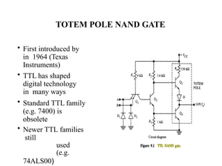 TOTEM POLE NAND GATE
• First introduced by
in 1964 (Texas
Instruments)
• TTL has shaped
digital technology
in many ways
• Standard TTL family
(e.g. 7400) is
obsolete
• Newer TTL families
still
used
(e.g.
74ALS00)
 