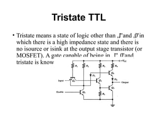 Tristate TTL
• Tristate means a state of logic other than „
1
‟and „
0
‟in
which there is a high impedance state and there is
no isource or isink at the output stage transistor (or
MOSFET). A gate capable of being in „1,
‟„
0
‟and
tristate is known as tristate
gate
 