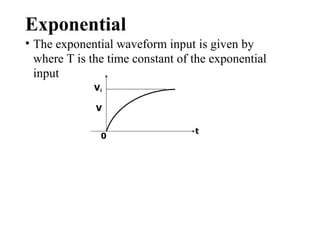 Exponential
0
t
• The exponential waveform input is given by
where T is the time constant of the exponential
input
Vi
V
 