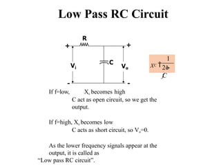 Low Pass RC Circuit
C
X 
1
2
f
C
If f=low, Xc becomes high
C act as open circuit, so we get the
output.
If f=high, Xc becomes low
C acts as short circuit, so Vo=0.
As the lower frequency signals appear at the
output, it is called as
“Low pass RC circuit”.
 