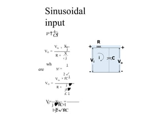 Sinusoidal
input
in
V × XC
O
V =
R +
j
X
C
C
X =
j
1
2
fC
in
V ×
O
V =
R +
1
j 
C
1
j 
C
wh
ere
O Vin
Vin
V= =
jRC+1
1+j2fRC
CS
o
V 
1
i
 