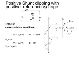 Positive Shunt clipping with
positive reference vRoltage
D
Vi V
o
Transfer
characteristics equations:
Vi < VR+Vγ D – OFF
VO = Vi
D – ON
Vi > VR+Vγ
VO = VR+Vγ
Input
VR + Vγ VR + Vγ Output
VO
VR VO
V
i
 