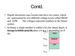 Contd.
.
• Digital electronics uses circuits that have two states, which
are represented by two different voltage levels called HIGH
and LOW. The voltages represent numbers in the binary
system
• In binary, a single number is called a bit (for binary digit). A
bit can have the value of either a 0 or a 1, depending on if
the
voltage is HIGH or LOW. VH(ma
x
VH(min
VL(max
VL(min
HIGH
INVALID
LOW
 
