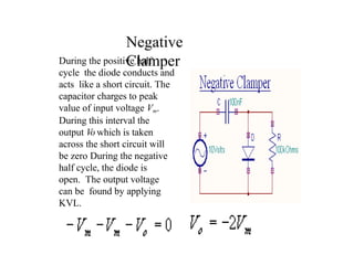 Negative
Clamper
During the positive half
cycle the diode conducts and
acts like a short circuit. The
capacitor charges to peak
value of input voltage Vm.
During this interval the
output Vo which is taken
across the short circuit will
be zero During the negative
half cycle, the diode is
open. The output voltage
can be found by applying
KVL.
 