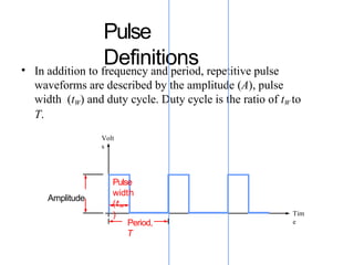Pulse
Definitions
• In addition to frequency and period, repetitive pulse
waveforms are described by the amplitude (A), pulse
width (tW) and duty cycle. Duty cycle is the ratio of tW to
T.
Volt
s
Pulse
width
(tW
) Tim
e
Period,
T
Amplitude
 