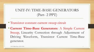 UNIT-IV: TIME-BASE GENERATORS
(Part- 2 PPT)
• Transistor constant current sweep circuit
• Current Time-Base Generators: A Simple Current
Sweep, Linearity Correction through Adjustment of
Driving Waveform, Transistor Current Time-Base
generator.
Mr. M. Balaji, Dept. of ECE, SVEC 1
 