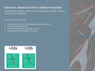 TRECHO 01 BAIRRO DO RECIFE /FÁBRICA TACARUNA
CRUZAMENTO AVENIDA NORTE/ CAIS DA AURORA/ AVENIDA PREFEITO
ARTUR LIMA CAVALCANTI
INFRAESTRUTURA PROPOSTA:
 SINALIZAÇÃO VERTICAL, INCLUINDO INDICAÇÃO DE ROTA
 SINALIZAÇÃO HORIZONTAL
 COMPATIBILIZAÇÃO DE CALÇADAS E ILHAS
 ADEQUAÇÃO DA DRENAGEM EXISTENTE
 