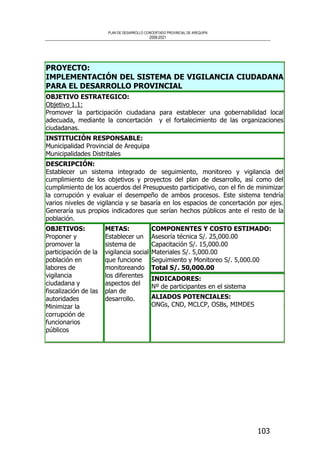 PLAN DE DESARROLLO CONCERTADO PROVINCIAL DE AREQUIPA
2008-2021
103
PROYECTO:
IMPLEMENTACIÓN DEL SISTEMA DE VIGILANCIA CIUDADANA
PARA EL DESARROLLO PROVINCIAL
OBJETIVO ESTRATEGICO:
Objetivo 1.1:
Promover la participación ciudadana para establecer una gobernabilidad local
adecuada, mediante la concertación y el fortalecimiento de las organizaciones
ciudadanas.
INSTITUCIÓN RESPONSABLE:
Municipalidad Provincial de Arequipa
Municipalidades Distritales
DESCRIPCIÓN:
Establecer un sistema integrado de seguimiento, monitoreo y vigilancia del
cumplimiento de los objetivos y proyectos del plan de desarrollo, así como del
cumplimiento de los acuerdos del Presupuesto participativo, con el fin de minimizar
la corrupción y evaluar el desempeño de ambos procesos. Este sistema tendría
varios niveles de vigilancia y se basaría en los espacios de concertación por ejes.
Generaría sus propios indicadores que serían hechos públicos ante el resto de la
población.
COMPONENTES Y COSTO ESTIMADO:
Asesoría técnica S/. 25,000.00
Capacitación S/. 15,000.00
Materiales S/. 5,000.00
Seguimiento y Monitoreo S/. 5,000.00
Total S/. 50,000.00
INDICADORES:
Nº de participantes en el sistema
OBJETIVOS:
Proponer y
promover la
participación de la
población en
labores de
vigilancia
ciudadana y
fiscalización de las
autoridades
Minimizar la
corrupción de
funcionarios
públicos
METAS:
Establecer un
sistema de
vigilancia social
que funcione
monitoreando
los diferentes
aspectos del
plan de
desarrollo. ALIADOS POTENCIALES:
ONGs, CND, MCLCP, OSBs, MIMDES
 