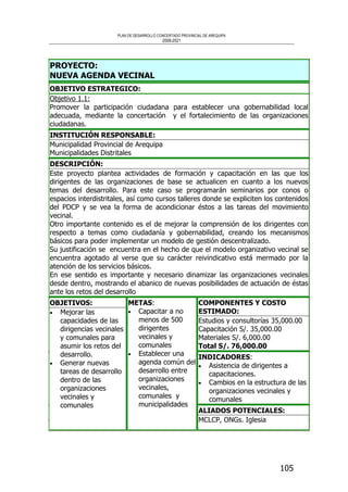PLAN DE DESARROLLO CONCERTADO PROVINCIAL DE AREQUIPA
2008-2021
105
PROYECTO:
NUEVA AGENDA VECINAL
OBJETIVO ESTRATEGICO:
Objetivo 1.1:
Promover la participación ciudadana para establecer una gobernabilidad local
adecuada, mediante la concertación y el fortalecimiento de las organizaciones
ciudadanas.
INSTITUCIÓN RESPONSABLE:
Municipalidad Provincial de Arequipa
Municipalidades Distritales
DESCRIPCIÓN:
Este proyecto plantea actividades de formación y capacitación en las que los
dirigentes de las organizaciones de base se actualicen en cuanto a los nuevos
temas del desarrollo. Para este caso se programarán seminarios por conos o
espacios interdistritales, así como cursos talleres donde se expliciten los contenidos
del PDCP y se vea la forma de acondicionar éstos a las tareas del movimiento
vecinal.
Otro importante contenido es el de mejorar la comprensión de los dirigentes con
respecto a temas como ciudadanía y gobernabilidad, creando los mecanismos
básicos para poder implementar un modelo de gestión descentralizado.
Su justificación se encuentra en el hecho de que el modelo organizativo vecinal se
encuentra agotado al verse que su carácter reivindicativo está mermado por la
atención de los servicios básicos.
En ese sentido es importante y necesario dinamizar las organizaciones vecinales
desde dentro, mostrando el abanico de nuevas posibilidades de actuación de éstas
ante los retos del desarrollo
COMPONENTES Y COSTO
ESTIMADO:
Estudios y consultorías 35,000.00
Capacitación S/. 35,000.00
Materiales S/. 6,000.00
Total S/. 76,000.00
INDICADORES:
• Asistencia de dirigentes a
capacitaciones.
• Cambios en la estructura de las
organizaciones vecinales y
comunales
OBJETIVOS:
• Mejorar las
capacidades de las
dirigencias vecinales
y comunales para
asumir los retos del
desarrollo.
• Generar nuevas
tareas de desarrollo
dentro de las
organizaciones
vecinales y
comunales
METAS:
• Capacitar a no
menos de 500
dirigentes
vecinales y
comunales
• Establecer una
agenda común del
desarrollo entre
organizaciones
vecinales,
comunales y
municipalidades
ALIADOS POTENCIALES:
MCLCP, ONGs. Iglesia
 