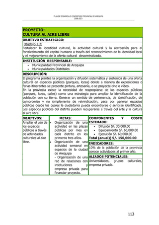 PLAN DE DESARROLLO CONCERTADO PROVINCIAL DE AREQUIPA
2008-2021
113
PROYECTO:
CULTURA AL AIRE LIBRE
OBJETIVO ESTRATEGICO:
Objetivo 2.2:
Fortalecer la identidad cultural, la actividad cultural y la recreación para el
fortalecimiento del capital humano a través del reconocimiento de la identidad local
y el mejoramiento de la oferta cultural descentralizada.
INSTITUCIÓN RESPONSABLE:
• Municipalidad Provincial de Arequipa
• Municipalidades Distritales
DESCRIPCIÓN:
El programa plantea la organización y difusión sistemática y sostenida de una oferta
cultural en espacios públicos (parques, lozas) donde a manera de exposiciones o
ferias itinerantes se presente pintura, artesanía, o se proyecte cine o vídeo.
En la provincia existe la necesidad de reapropiarse de los espacios públicos
(parques, lozas, calles) como una estrategia para ampliar la identificación de la
población con su tierra. Generar un sentido de pertenencia, de identificación, de
compromiso y no simplemente de reivindicación, pasa por generar espacios
públicos desde los cuales la ciudadanía pueda encontrarse o sentirse identificada.
Los espacios públicos del distrito pueden recuperarse a través del arte y la cultura
al aire libre.
COMPONENTES Y COSTO
ESTIMADO:
• Difusión S/. 30,000.00
• Equipamiento S/. 60,000.00
• Ejecución S/. 60,000.00
Total (anual)) S/. 150,000.00
INDICADORES:
10% de la población de la provincia
conoce actividades al primer año.
OBJETIVOS:
Ampliar el uso de
los espacios
públicos a través
de actividades
culturales al aire
libre.
METAS:
• Organización de una
actividad en las plazas
públicas por mes en
cada distrito en los
primeros tres años.
• Organización de una
actividad semanal en
espacios de la ciudad
de Arequipa
- Organización de una
red de relaciones con
instituciones y
empresa privada para
financiar proyecto.
ALIADOS POTENCIALES:
Universidades, grupos culturales,
empresa privada.
 