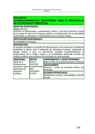 PLAN DE DESARROLLO CONCERTADO PROVINCIAL DE AREQUIPA
2008-2021
129
PROYECTO:
ACONDICIONAMIENTO TERRITORIAL PARA EL DESARROLLO
DE ACTIVIDADES TURÍSTICAS
OBJETIVO ESTRATEGICO:
Objetivo Nº 3.4:
Promover el mejoramiento y ordenamiento urbano y rural de la provincia a través
de la puesta en valor de los espacios públicos, el ordenamiento de las actividades
residenciales y productivas, el ordenamiento vial y el control urbano.
INSTITUCIÓN RESPONSABLE:
Municipalidad de Arequipa.
DESCRIPCIÓN:
El proyecto considera un conjunto de intervenciones en las áreas que el estudio de
factibilidad lo defina, para el desarrollo de actividades turísticas, explotando el
paisaje urbano y rural. La intervención considera fundamentalmente el
mejoramiento de la imagen urbana y la accesibilidad, definiendo circuitos de
carácter turístico, para promover las inversiones en esta actividad.
COMPONENTES Y COSTO ESTIMADO:
Según el Plan de Acondicionamiento Territorial
INDICADORES:
Sectores y ramas de actividad turística que
participan
OBJETIVOS:
Dotar de la
infraestructura
necesaria a áreas
potenciales de
utilización
turísticas.
METAS:
Areas y
recorridos
acondicionados
para
actividades
turística ALIADOS POTENCIALES:
Ministerio de Turismo, Universidades, inversión
privada
 