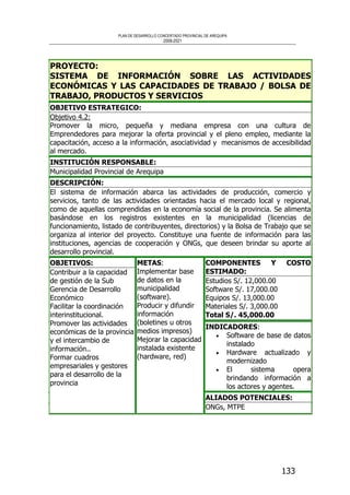 PLAN DE DESARROLLO CONCERTADO PROVINCIAL DE AREQUIPA
2008-2021
133
PROYECTO:
SISTEMA DE INFORMACIÓN SOBRE LAS ACTIVIDADES
ECONÓMICAS Y LAS CAPACIDADES DE TRABAJO / BOLSA DE
TRABAJO, PRODUCTOS Y SERVICIOS
OBJETIVO ESTRATEGICO:
Objetivo 4.2:
Promover la micro, pequeña y mediana empresa con una cultura de
Emprendedores para mejorar la oferta provincial y el pleno empleo, mediante la
capacitación, acceso a la información, asociatividad y mecanismos de accesibilidad
al mercado.
INSTITUCIÓN RESPONSABLE:
Municipalidad Provincial de Arequipa
DESCRIPCIÓN:
El sistema de información abarca las actividades de producción, comercio y
servicios, tanto de las actividades orientadas hacia el mercado local y regional,
como de aquellas comprendidas en la economía social de la provincia. Se alimenta
basándose en los registros existentes en la municipalidad (licencias de
funcionamiento, listado de contribuyentes, directorios) y la Bolsa de Trabajo que se
organiza al interior del proyecto. Constituye una fuente de información para las
instituciones, agencias de cooperación y ONGs, que deseen brindar su aporte al
desarrollo provincial.
COMPONENTES Y COSTO
ESTIMADO:
Estudios S/. 12,000.00
Software S/. 17,000.00
Equipos S/. 13,000.00
Materiales S/. 3,000.00
Total S/. 45,000.00
INDICADORES:
• Software de base de datos
instalado
• Hardware actualizado y
modernizado
• El sistema opera
brindando información a
los actores y agentes.
OBJETIVOS:
Contribuir a la capacidad
de gestión de la Sub
Gerencia de Desarrollo
Económico
Facilitar la coordinación
interinstitucional.
Promover las actividades
económicas de la provincia
y el intercambio de
información..
Formar cuadros
empresariales y gestores
para el desarrollo de la
provincia
METAS:
Implementar base
de datos en la
municipalidad
(software).
Producir y difundir
información
(boletines u otros
medios impresos)
Mejorar la capacidad
instalada existente
(hardware, red)
ALIADOS POTENCIALES:
ONGs, MTPE
 