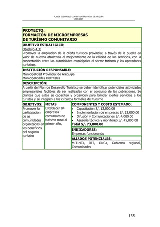 PLAN DE DESARROLLO CONCERTADO PROVINCIAL DE AREQUIPA
2008-2021
135
PROYECTO:
FORMACIÓN DE MICROEMPRESAS
DE TURÍSMO COMUNITARIO
OBJETIVO ESTRATEGICO:
Objetivo 4.3:
Promover la ampliación de la oferta turística provincial, a través de la puesta en
valor de nuevos atractivos el mejoramiento de la calidad de los servicios, con la
concertación entre las autoridades municipales el sector turismo y los operadores
turísticos.
INSTITUCIÓN RESPONSABLE:
Municipalidad Provincial de Arequipa
Municipalidades Distritales
DESCRIPCIÓN:
A partir del Plan de Desarrollo Turístico se deben identificar potenciales actividades
empresariales factibles de ser realizadas con el concurso de las poblaciones. Se
plantea que estas se capaciten y organicen para brindar ciertos servicios a los
turistas y se integren a los circuitos formales del turismo
COMPONENTES Y COSTO ESTIMADO:
• Capacitación S/. 12,000.00
• Implementación de empresas S/. 12,000.00
• Difusión y Comunicaciones S/. 4,000.00
• Asesoría técnica y monitoreo S/. 45,000.00
Total S/. 73,000.00
INDICADORES:
Empresas funcionando
OBJETIVOS:
Promover la
participación
de as
comunidades
organizadas en
los beneficios
del negocio
turístico
METAS:
Establecer 04
empresas
comunales de
turismo rural al
primer año.
ALIADOS POTENCIALES:
MITINCI, OIT, ONGs, Gobierno regional,
Comunidades
 