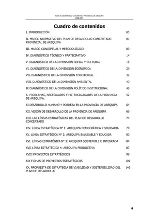 PLAN DE DESARROLLO CONCERTADO PROVINCIAL DE AREQUIPA
2008-2021
4
Cuadro de contenidos
I. INTRODUCCIÓN 05
II. MARCO NORMATIVO DEL PLAN DE DESARROLLO CONCERTADO
PROVINCIAL DE AREQUIPA
07
III. MARCO CONCEPTUAL Y METODOLÓGICO 09
IV. DIAGNÓSTICO TÉCNICO Y PARTICIPATIVO 14
V. DIAGNÓSTICO DE LA DIMENSIÓN SOCIAL Y CULTURAL 16
VI. DIAGNÓSTICO DE LA DIMENSIÓN ECONÓMICA 29
VII. DIAGNÓSTICO DE LA DIMENSIÓN TERRITORIAL 32
VIII. DIAGNÓSTICO DE LA DIMENSIÓN AMBIENTAL 40
IX DIAGNÓSTICO DE LA DIMENSIÓN POLÍTICO INSTITUCIONAL 48
X. PROBLEMAS, NECESIDADES Y POTENCIALIDADES DE LA PROVINCIA
DE AREQUIPA.
52
XI DESARROLLO HUMANO Y POBREZA EN LA PROVINCIA DE AREQUIPA 64
XII. VISIÓN DE DESARROLLO DE LA PROVINCIA DE AREQUIPA 69
XIII. LAS LÍNEAS ESTRATÉGICAS DEL PLAN DE DESARROLLO
CONCERTADO
74
XIV. LÍNEA ESTRATÉGICA N° 1: AREQUIPA DEMOCRÁTICA Y SOLIDARIA 78
XV. LÍNEA ESTRATÉGICA N° 2: AREQUIPA SALUDABLE Y EDUCADA 80
XVI. LÍNEAS ESTRATÉGICA N° 3: AREQUIPA SOSTENIBLE E INTEGRADA 84
XVII LÍNEA ESTRATÉGICA 4: AREQUIPA PRODUCTIVA 87
XVIII PROYECTOS ESTRATÉGICOS 99
XIX FICHAS DE PROYECTOS ESTRATÉGICOS 102
XX. PROPUESTA DE ESTRATEGIA DE VIABILIDAD Y SOSTENIBILIDAD DEL
PLAN DE DESARROLLO
146
 