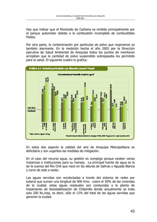 PLAN DE DESARROLLO CONCERTADO PROVINCIAL DE AREQUIPA
2008-2021
43
Hay que indicar que el Monóxido de Carbono es emitido principalmente por
el parque automotor debido a la combustión incompleta de combustibles
fósiles.
Por otra parte, la contaminación por partículas de polvo que respiramos es
también alarmante. En la medición hecha el año 2003 por la Dirección
ejecutiva de Salud Ambiental de Arequipa todos los puntos de monitoreo
arrojaban que la cantidad de polvo suspendido sobrepasaba los permitido
para la salud. El siguiente cuadro lo grafica:
En estos dos aspecto la calidad del aire de Arequipa Metropolitana es
deficitaria y son urgentes las medidas de mitigación.
En el caso del recurso agua, su gestión es compleja porque existen varias
instancias e instituciones para su manejo. La principal fuente de agua es la
de la cuenca del Río Chili que nace en las alturas de Salinas y Aguada Blanca
y corre de este a oeste.
Las aguas servidas son recolectadas a través del sistema de redes por
tubería que suman una longitud de 900 Kms. cubre el 50% de las viviendas
de la ciudad; estas aguas residuales son conducidas a la planta de
tratamiento de bioestabilización de Chilpinilla donde actualmente se trata
solo 200 lts./seg. es decir, sólo el 12% del total de las aguas servidas que
generan la ciudad.
 
