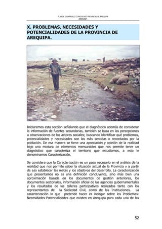 PLAN DE DESARROLLO CONCERTADO PROVINCIAL DE AREQUIPA
2008-2021
52
X. PROBLEMAS, NECESIDADES Y
POTENCIALIDADES DE LA PROVINCIA DE
AREQUIPA.
Iniciaremos esta sección señalando que el diagnóstico además de considerar
la información de fuentes secundarias, también se basa en las percepciones
u observaciones de los actores sociales; buscando identificar qué problemas,
potencialidades y necesidades son las más sentidas o recordadas por la
población. De esa manera se tiene una apreciación y opinión de la realidad
bajo una mixtura de elementos mensurables que nos permite tener un
diagnóstico que caracteriza el territorio que estudiamos, a esto le
denominamos Caracterización.
Se considera que la Caracterización es un paso necesario en el análisis de la
realidad que nos permite saber la situación actual de la Provincia y a partir
de eso establecer las metas y los objetivos del desarrollo. La caracterización
que presentamos no es una definición concluyente, sino más bien una
aproximación basada en los documentos de gestión anteriores, los
documentos sectoriales, información oficial de las agencias gubernamentales
y los resultados de los talleres participativos realizados tanto con los
representantes de la Sociedad Civil, como de las Instituciones. La
caracterización lo que pretende hacer es indagar sobre los Problemas-
Necesidades-Potencialidades que existen en Arequipa para cada una de las
 