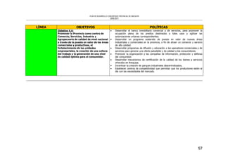 PLAN DE DESARROLLO CONCERTADO PROVINCIAL DE AREQUIPA
2008-2021
97
LÍNEA OBJETIVOS POLÍTICAS
Objetivo 4.4:
Promover la Provincia como centro de
Comercio, Servicios, Industria y
Agropecuario de calidad de nivel nacional
a través de la puesta en valor de las áreas
comerciales y productivas, el
fortalecimiento de las unidades
empresariales, la creación de una cultura
del trabajo y la generación de una nivel
de calidad óptima para el consumidor.
• Desarrollar el banco inmobiliario comercial y de servicios, para promover la
ocupación plena de los predios destinados a tales usos y agilizar las
autorizaciones urbanas correspondientes.
• Desarrollar un programa sostenido de puesta en valor de nuevas áreas
industriales y comerciales en la provincia, a fin de atraer un comercio y servicio
de alta calidad.
• Desarrollar programas de difusión y educación a los operadores comerciales y de
servicios para generar una oferta saludable y de calidad a los consumidores.
• Promover la organización y las campañas de información, protección y defensa
del consumidor.
• Desarrollar mecanismos de certificación de la calidad de los bienes y servicios
ofrecidos en Arequipa.
• Incentivar la creación de parques industriales descentralizados.
• Establecer centros de competitividad que permitan que los productores estén al
día con las necesidades del mercado.
 