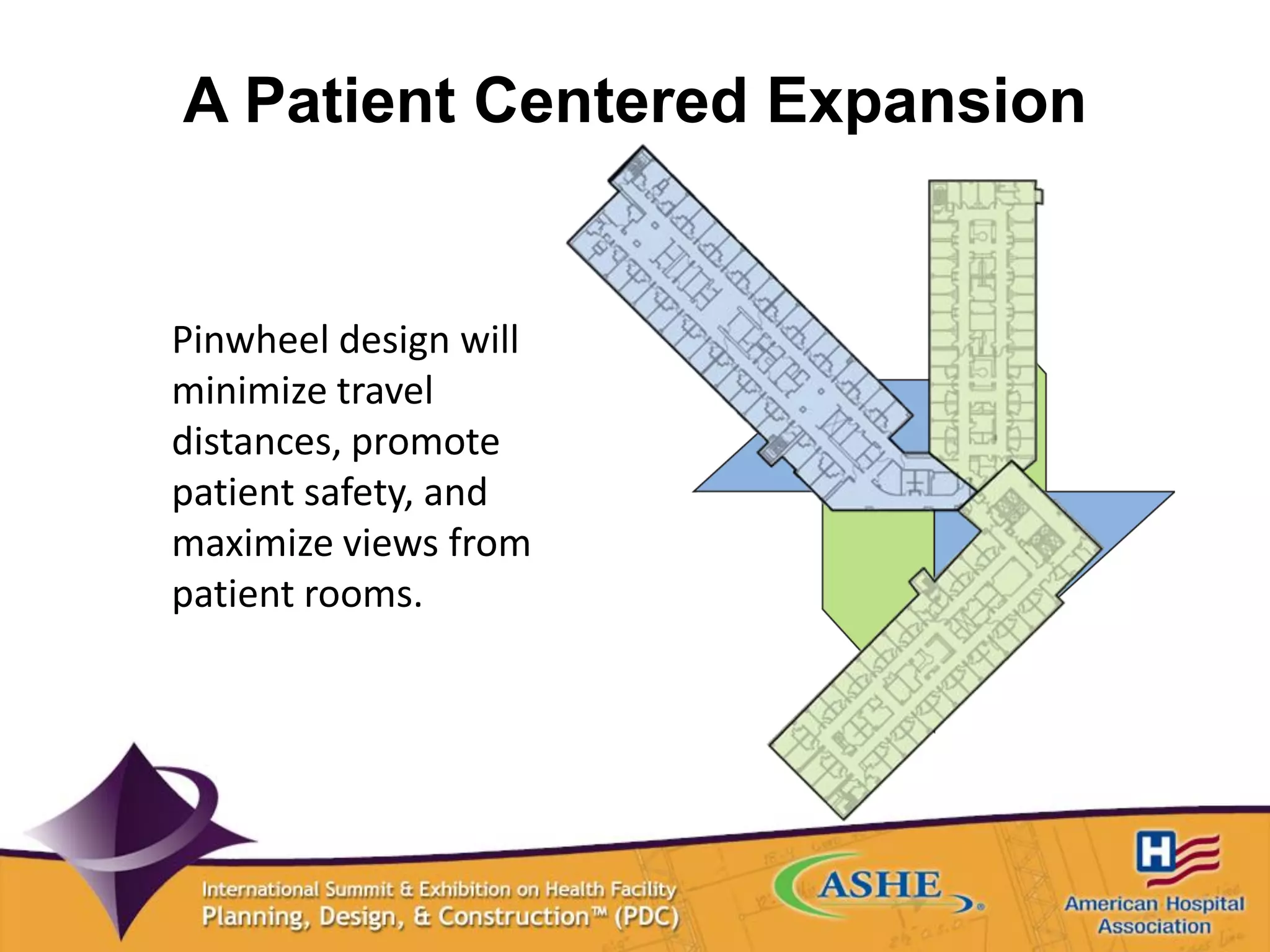 A Patient Centered Expansion
Pinwheel design will
minimize travel
distances, promote
patient safety, and
maximize views from
patient rooms.
 