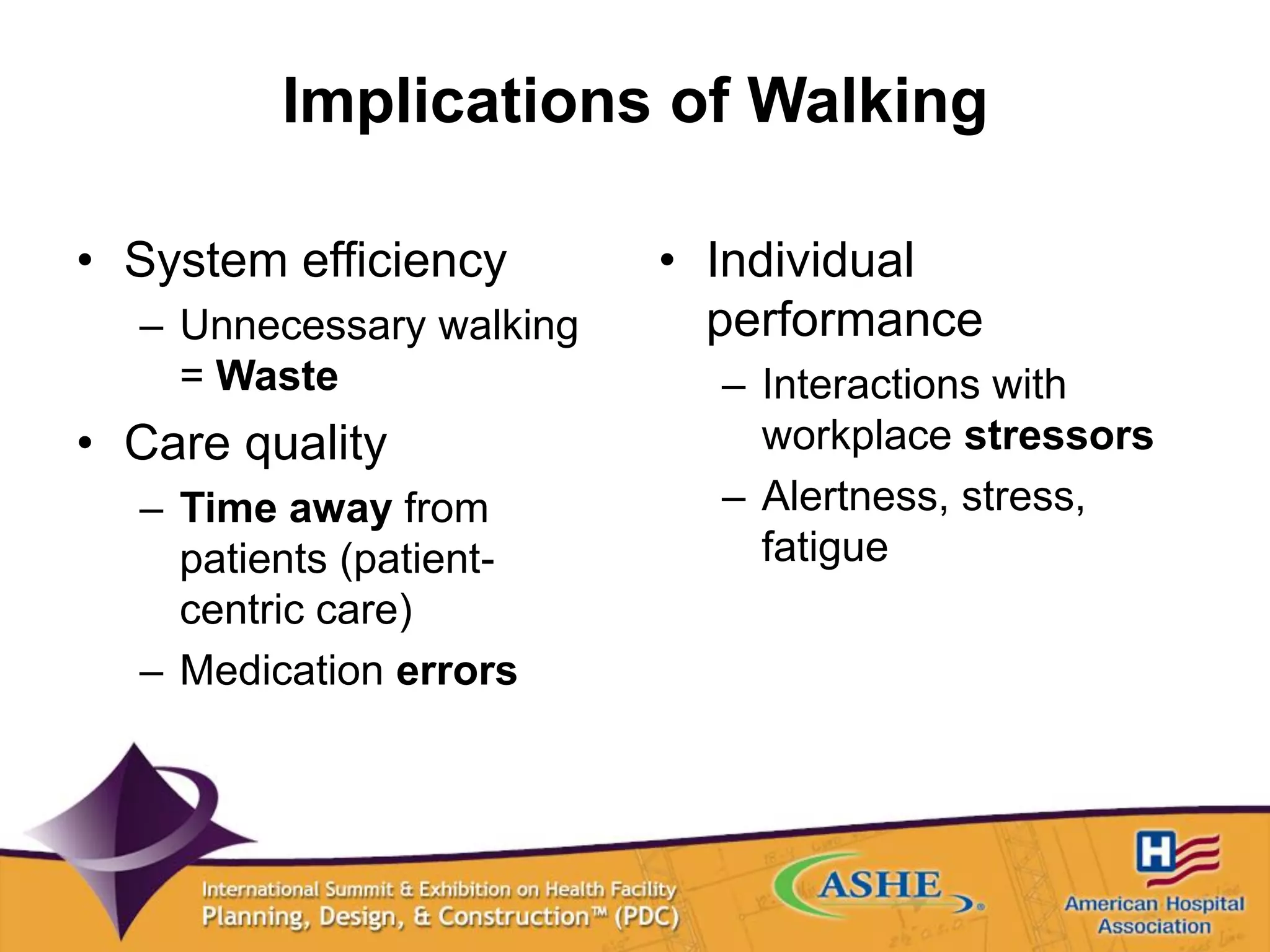 Implications of Walking
• System efficiency
– Unnecessary walking
= Waste
• Care quality
– Time away from
patients (patient-
centric care)
– Medication errors
• Individual
performance
– Interactions with
workplace stressors
– Alertness, stress,
fatigue
 
