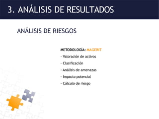 3. ANÁLISIS DE RESULTADOS
ANÁLISIS DE RIESGOS
METODOLOGÍA: MAGERIT
· Valoración de activos
· Clasificación
· Análisis de amenazas
· Impacto potencial
· Cálculo de riesgo
 