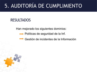 5. AUDITORÍA DE CUMPLIMIENTO
RESULTADOS
Han mejorado los siguientes dominios:
Políticas de seguridad de la Inf.
Gestión de incidentes de la Información
 