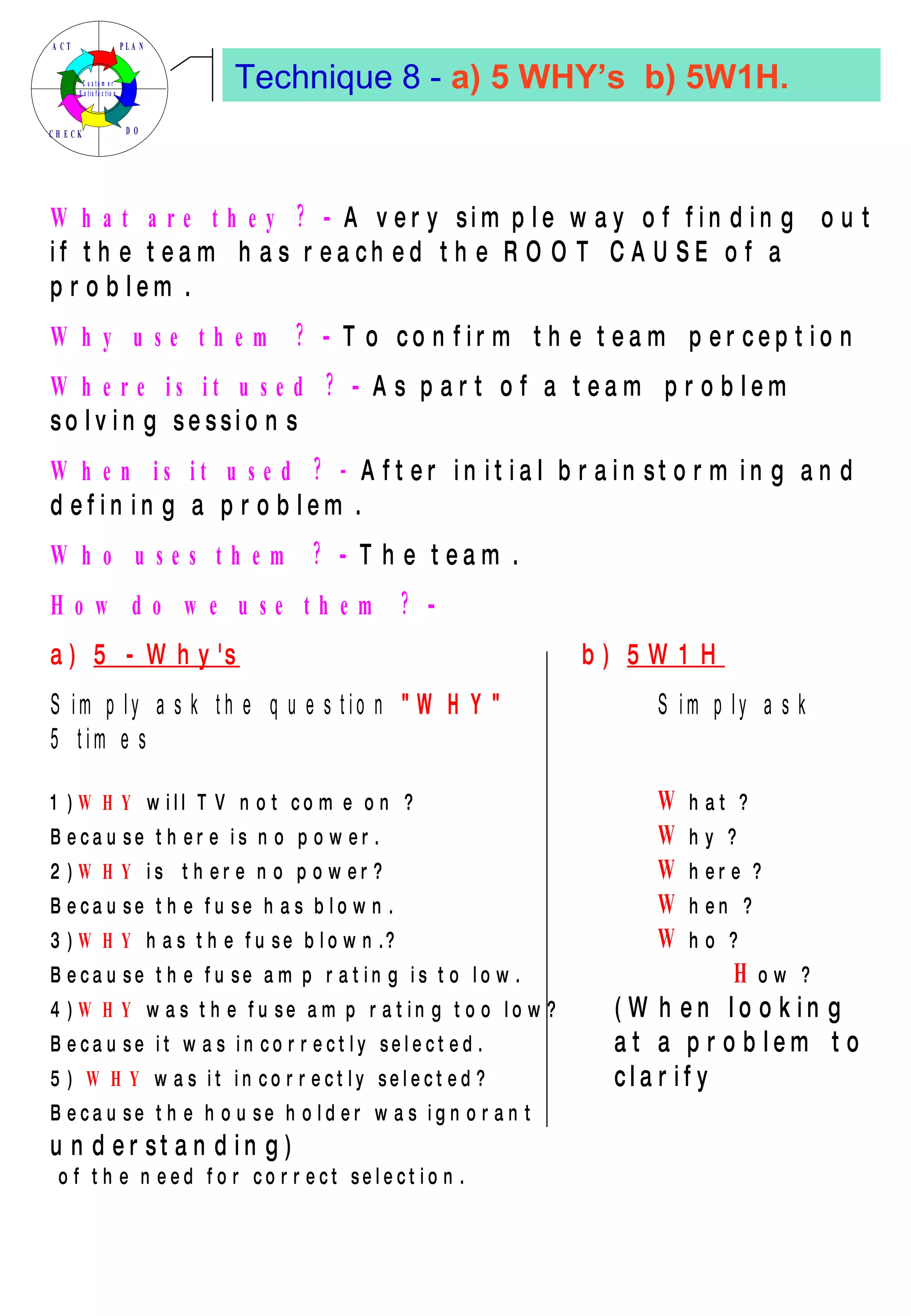 Technique 8 -  a) 5 WHY’s  b) 5W1H. 