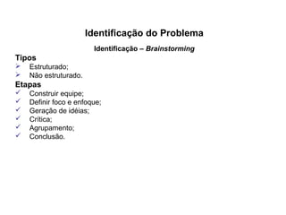 Identificação do Problema
Identificação – Brainstorming
Tipos
 Estruturado;
 Não estruturado.
Etapas
 Construir equipe;
 Definir foco e enfoque;
 Geração de idéias;
 Crítica;
 Agrupamento;
 Conclusão.
 