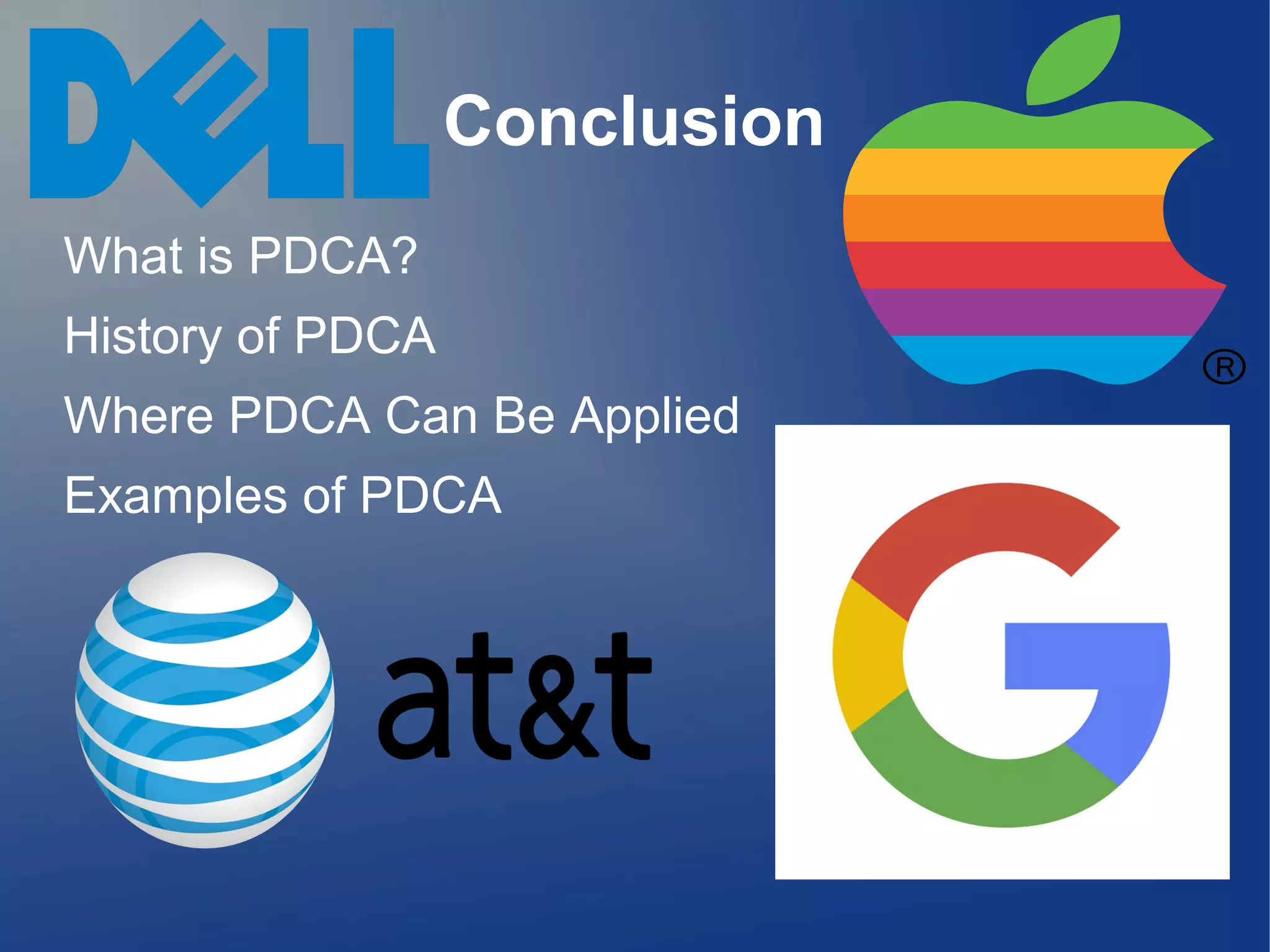 Conclusion
What is PDCA?
History of PDCA
Where PDCA Can Be Applied
Examples of PDCA
 