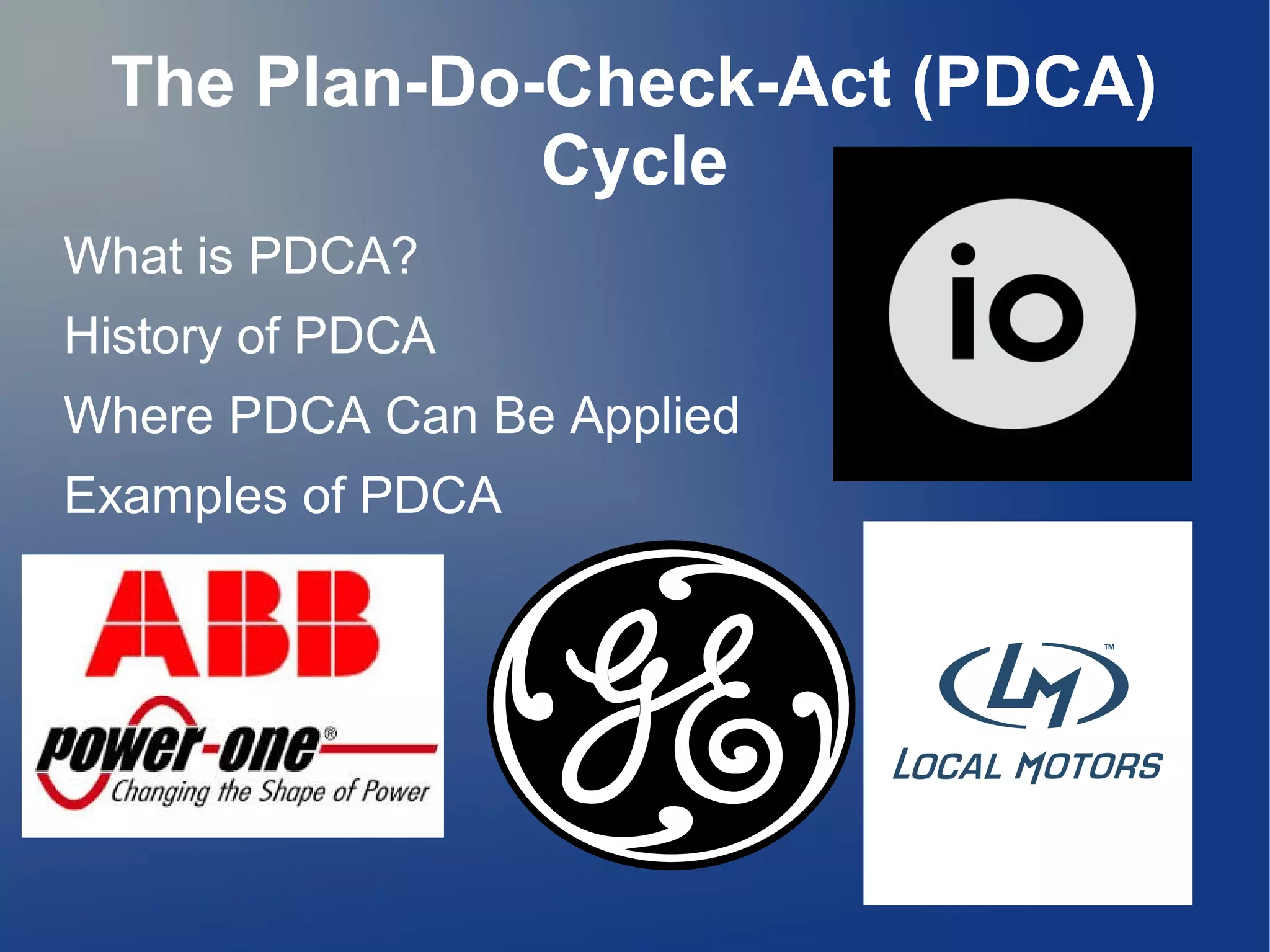 The Plan-Do-Check-Act (PDCA)
Cycle
What is PDCA?
History of PDCA
Where PDCA Can Be Applied
Examples of PDCA
 
