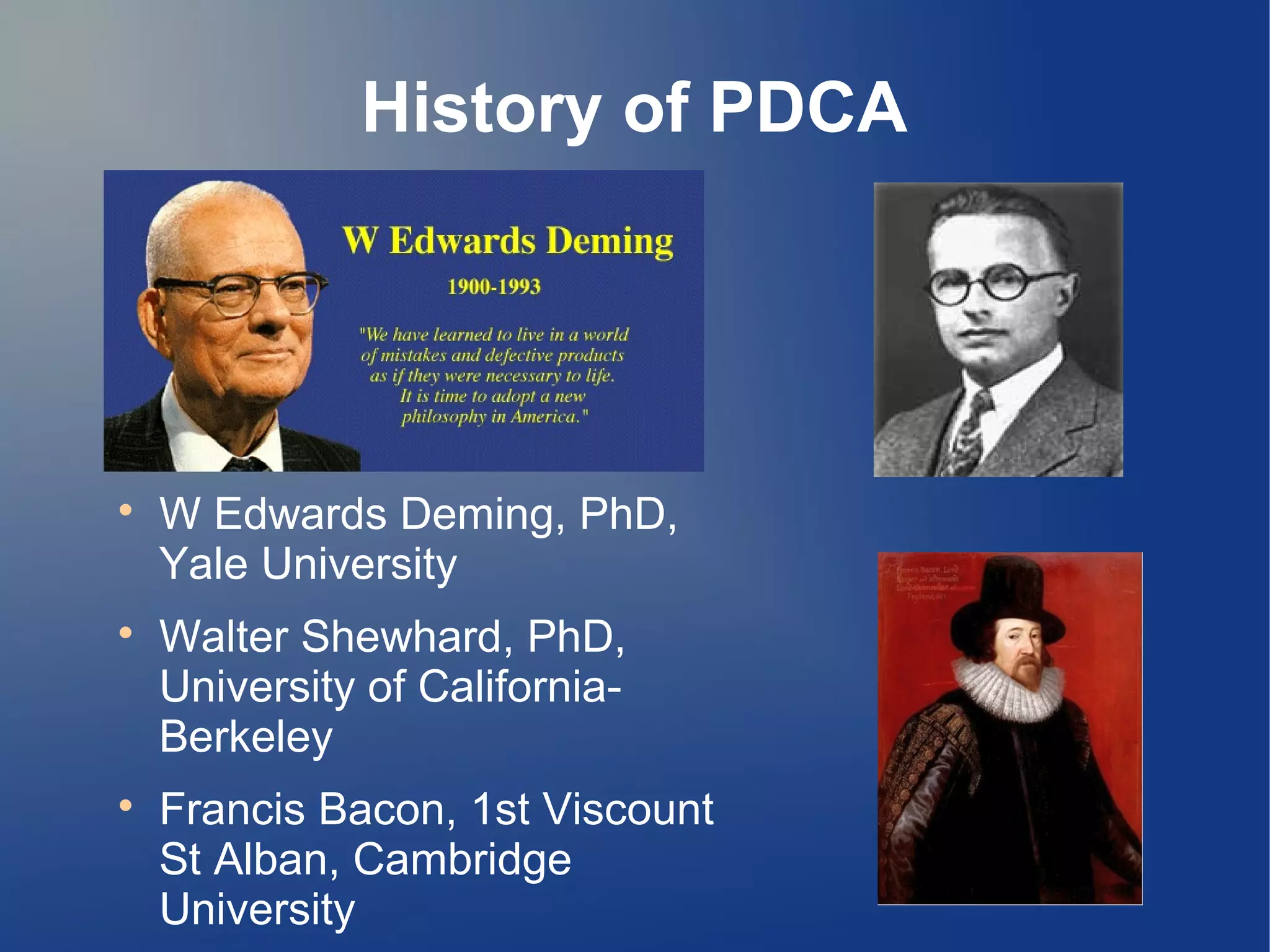 History of PDCA

W Edwards Deming, PhD,
Yale University

Walter Shewhard, PhD,
University of California-
Berkeley

Francis Bacon, 1st Viscount
St Alban, Cambridge
University
 