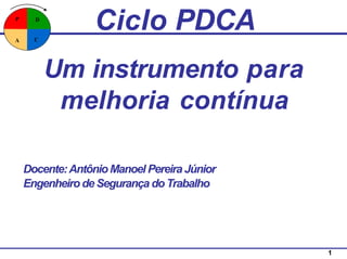 C
A
D
P
Ciclo PDCA
1
Um instrumento para
melhoria contínua
Docente:AntônioManoel Pereira Júnior
EngenheirodeSegurança doTrabalho
 