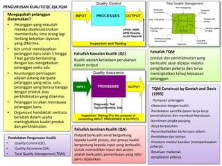 PENGURUSAN KUALITI/QC,QA,TQM
Mengapakah pelanggan
diutamakan?
• Pelanggan yang masalah
mereka diselesaikanakan
memberitahu lima orang lagi
tentang kebaikan layanan
yang diterima.
• Kos untuk mendapatkan
pelanggan baru ialah 5 hingga
7 kali ganda berbanding
dengan kos mengekalkan
pelanggan sedia ada.
• Keuntungan perniagaan
adalah datang daripada
pelanggan yang setia, iaitu
pelanggan yang berasa bangga
dengan produk atau
perkhidmatan yang diterima.
• Pelanggan ini akan membawa
pelanggan baru.
• Organisasi hendaklah sentiasa
berubah dalam usaha
meningkatkan kualiti produk
dan perkhidmatan.
Falsafah Kawalan Kualiti (QC)
Kualiti adalah ketiadaan perubahan
dalam output
Pendekatan Pengurusan Kualiti
• Quality Control (QC).
• Quality Assurance (QA).
• Total Quality Management (TQM).
TQM Construct by Goetch and Davis
(1995)
-Tumpuan pelanggan.
-Obsession dengan kualiti.
-Pendekatan saintifik dalam kerja-kerja
penstrukturan dan membuat keputusan.
-komitmen jangka panjang.
-Kerja berpasukan.
-Penambahbaikan berterusan sistem.
-Pendidikan dan latihan.
-Freedom melalui kawalan (memperkasakan
pekerja).
-Kesatuan matlamat.
-penglibatan pekerja.
Falsafah Jaminan Kualiti (QA)
Output berkualiti amat bergantung
kepada kualiti proses, dan proses kualiti
bergantung kepada input yang berkualiti.
Untuk memastikan input dan proses
adalah berkualiti; pemeriksaan yang teliti
perlu dijalankan.
Falsafah TQM
produk dan perkhidmatan yang
berkualiti akan dicapai melalui
penglibatan pekerja dan terus
meningkatkan tahap kepuasan
pelanggan.
 