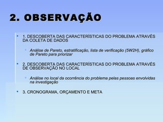 2. OBSERVAÇÃO2. OBSERVAÇÃO
 1. DESCOBERTA DAS CARACTERÍSTICAS DO PROBLEMA ATRAVÉS1. DESCOBERTA DAS CARACTERÍSTICAS DO PROBLEMA ATRAVÉS
DA COLETA DE DADOSDA COLETA DE DADOS
 Análise de Pareto, estratificação, lista de verificação (5W2H), gráficoAnálise de Pareto, estratificação, lista de verificação (5W2H), gráfico
de Pareto para priorizarde Pareto para priorizar
 2. DESCOBERTA DAS CARACTERÍSTICAS DO PROBLEMA ATRAVÉS2. DESCOBERTA DAS CARACTERÍSTICAS DO PROBLEMA ATRAVÉS
DE OBSERVAÇÃO NO LOCALDE OBSERVAÇÃO NO LOCAL
 Análise no local da ocorrência do problema pelas pessoas envolvidasAnálise no local da ocorrência do problema pelas pessoas envolvidas
na investigaçãona investigação
 3. CRONOGRAMA, ORÇAMENTO E META3. CRONOGRAMA, ORÇAMENTO E META
 