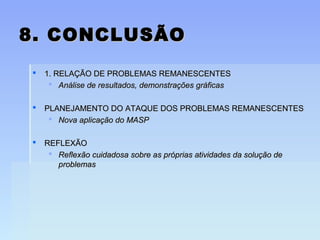 8. CONCLUSÃO8. CONCLUSÃO
 1. RELAÇÃO DE PROBLEMAS REMANESCENTES1. RELAÇÃO DE PROBLEMAS REMANESCENTES
 Análise de resultados, demonstrações gráficasAnálise de resultados, demonstrações gráficas
 PLANEJAMENTO DO ATAQUE DOS PROBLEMAS REMANESCENTESPLANEJAMENTO DO ATAQUE DOS PROBLEMAS REMANESCENTES
 Nova aplicação do MASPNova aplicação do MASP
 REFLEXÃOREFLEXÃO
 Reflexão cuidadosa sobre as próprias atividades da solução deReflexão cuidadosa sobre as próprias atividades da solução de
problemasproblemas
 
