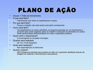 PLANO DE AÇÃOPLANO DE AÇÃO
 Causa 1: Falta de treinamento:Causa 1: Falta de treinamento:
 O que será feito?O que será feito?
 Treinamento com todos os trabalhadores novatosTreinamento com todos os trabalhadores novatos
 Por que será feito?Por que será feito?
 Porque o trabalho não está sendo executado corretamentePorque o trabalho não está sendo executado corretamente
 Como será feito?Como será feito?
 Os trabalhadores ao serem admitidos na empresa passarão por um treinamento eOs trabalhadores ao serem admitidos na empresa passarão por um treinamento e
somente após serem julgados aptos ao trabalho começarão as atividades de campo.somente após serem julgados aptos ao trabalho começarão as atividades de campo.
Serão apresentadas demonstrações em video e aplicações práticas.Serão apresentadas demonstrações em video e aplicações práticas.
 Quem será o responsável?Quem será o responsável?
 O encarregado do combate a formigasO encarregado do combate a formigas
 Quando será realizadoQuando será realizado
 De 15 a 18 de dezembroDe 15 a 18 de dezembro
 Onde será realizado?Onde será realizado?
 Nas dependências do fabricanteNas dependências do fabricante
 Quanto custará?Quanto custará?
 R$10,00/pessoa treinada (aqui poderá ser feito um orçamento detalhado através daR$10,00/pessoa treinada (aqui poderá ser feito um orçamento detalhado através da
listagem do material e infra-estrutura necessários)listagem do material e infra-estrutura necessários)
 