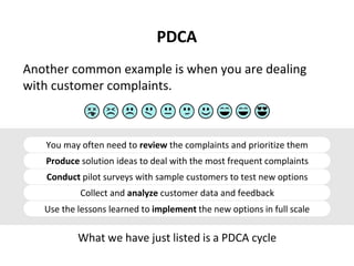 PDCA
Another common example is when you are dealing
with customer complaints.
You may often need to review the complaints and prioritize them
Produce solution ideas to deal with the most frequent complaints
Conduct pilot surveys with sample customers to test new options
Collect and analyze customer data and feedback
Use the lessons learned to implement the new options in full scale
What we have just listed is a PDCA cycle
 