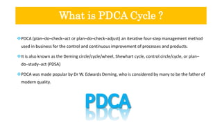 What is PDCA Cycle ?
PDCA (plan–do–check–act or plan–do–check–adjust) an iterative four-step management method
used in business for the control and continuous improvement of processes and products.
It is also known as the Deming circle/cycle/wheel, Shewhart cycle, control circle/cycle, or plan–
do–study–act (PDSA)
PDCA was made popular by Dr W. Edwards Deming, who is considered by many to be the father of
modern quality.
 
