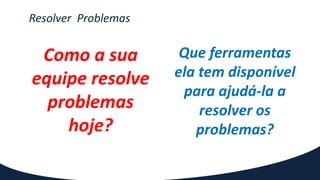 Resolver Problemas
Como a sua
equipe resolve
problemas
hoje?
Que ferramentas
ela tem disponível
para ajudá-la a
resolver os
problemas?
 