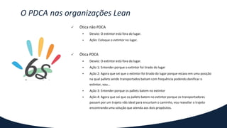  Ótica não PDCA
 Desvio: O extintor está fora do lugar.
 Ação: Coloque o extintor no lugar.
 Ótica PDCA
 Desvio: O extintor está fora do lugar.
 Ação 1: Entender porque o extintor foi tirado do lugar
 Ação 2: Agora que sei que o extintor foi tirado do lugar porque estava em uma posição
na qual pallets sendo transportados batiam com frequência podendo danificar o
extintor, vou...
 Ação 3: Entender porque os pallets batem no extintor
 Ação 4: Agora que sei que os pallets batem no extintor porque os transportadores
passam por um trajeto não ideal para encurtam o caminho, vou reavaliar o trajeto
encontrando uma solução que atenda aos dois propósitos.
O PDCA nas organizações Lean
 