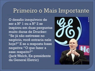    O desafio inequívoco de
    ser a Nº 1 ou a Nº 2 se
    inspirou em duas perguntas
    muito duras de Drucker:
    “Se já não estivesse no
    negócio, você entraria nele
    hoje?” E se a resposta fosse
    negativa: “O que fazer a
    esse respeito?”
    (Jack Welch, Ex-presidente
    da General Eletric)
 