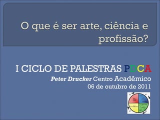 I CICLO DE PALESTRAS PDCA
      Peter Drucker Centro Acadêmico
                  06 de outubro de 2011
 