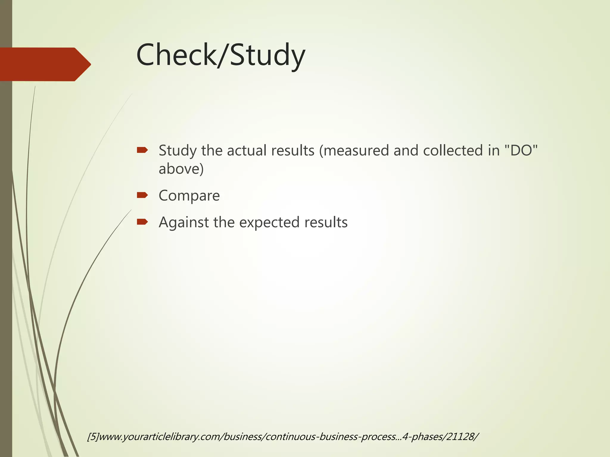 Check/Study
 Study the actual results (measured and collected in "DO"
above)
 Compare
 Against the expected results
[5]www.yourarticlelibrary.com/business/continuous-business-process...4-phases/21128/
 