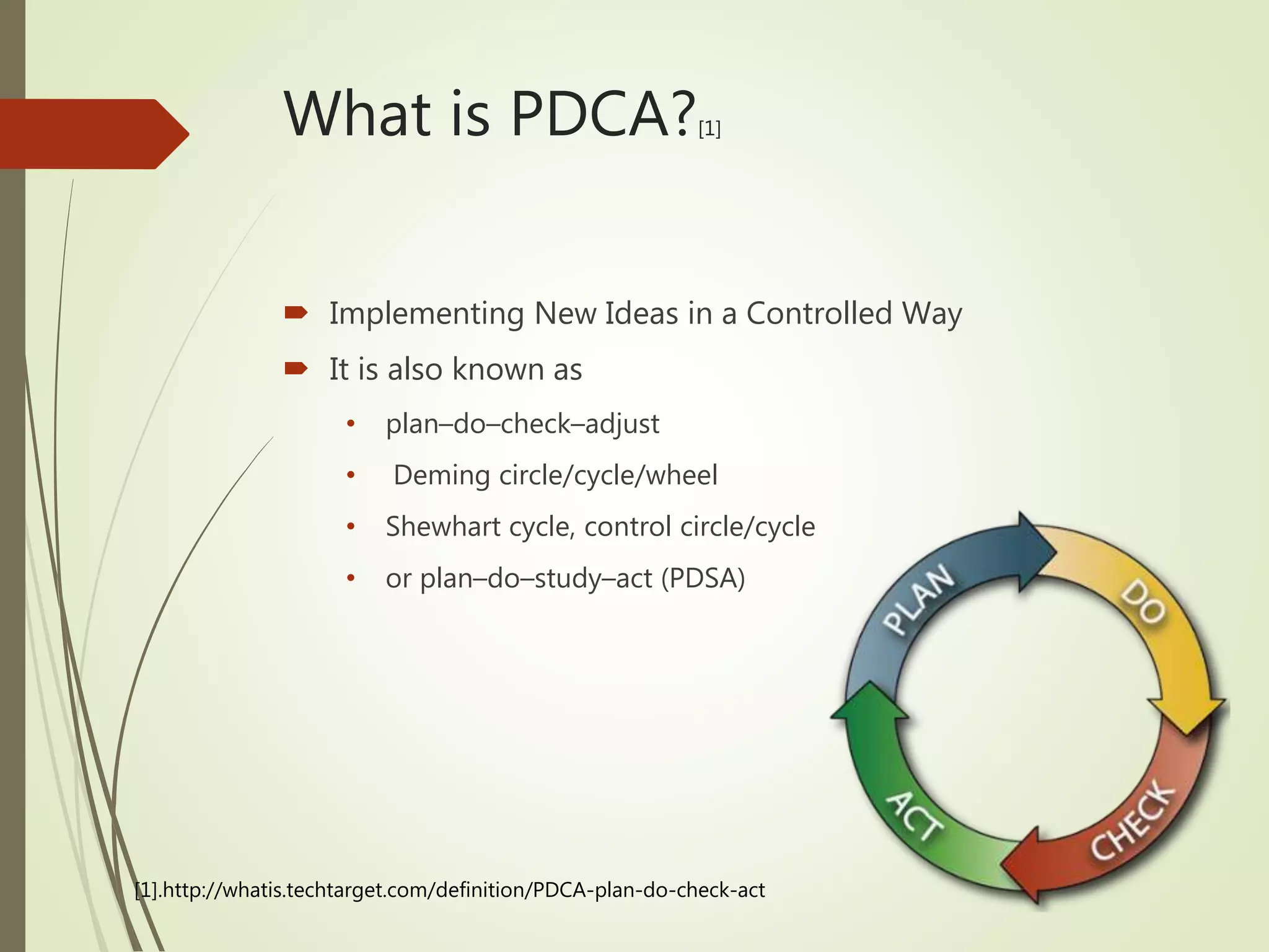What is PDCA?[1]
 Implementing New Ideas in a Controlled Way
 It is also known as
• plan–do–check–adjust
• Deming circle/cycle/wheel
• Shewhart cycle, control circle/cycle
• or plan–do–study–act (PDSA)
[1].http://whatis.techtarget.com/definition/PDCA-plan-do-check-act
 