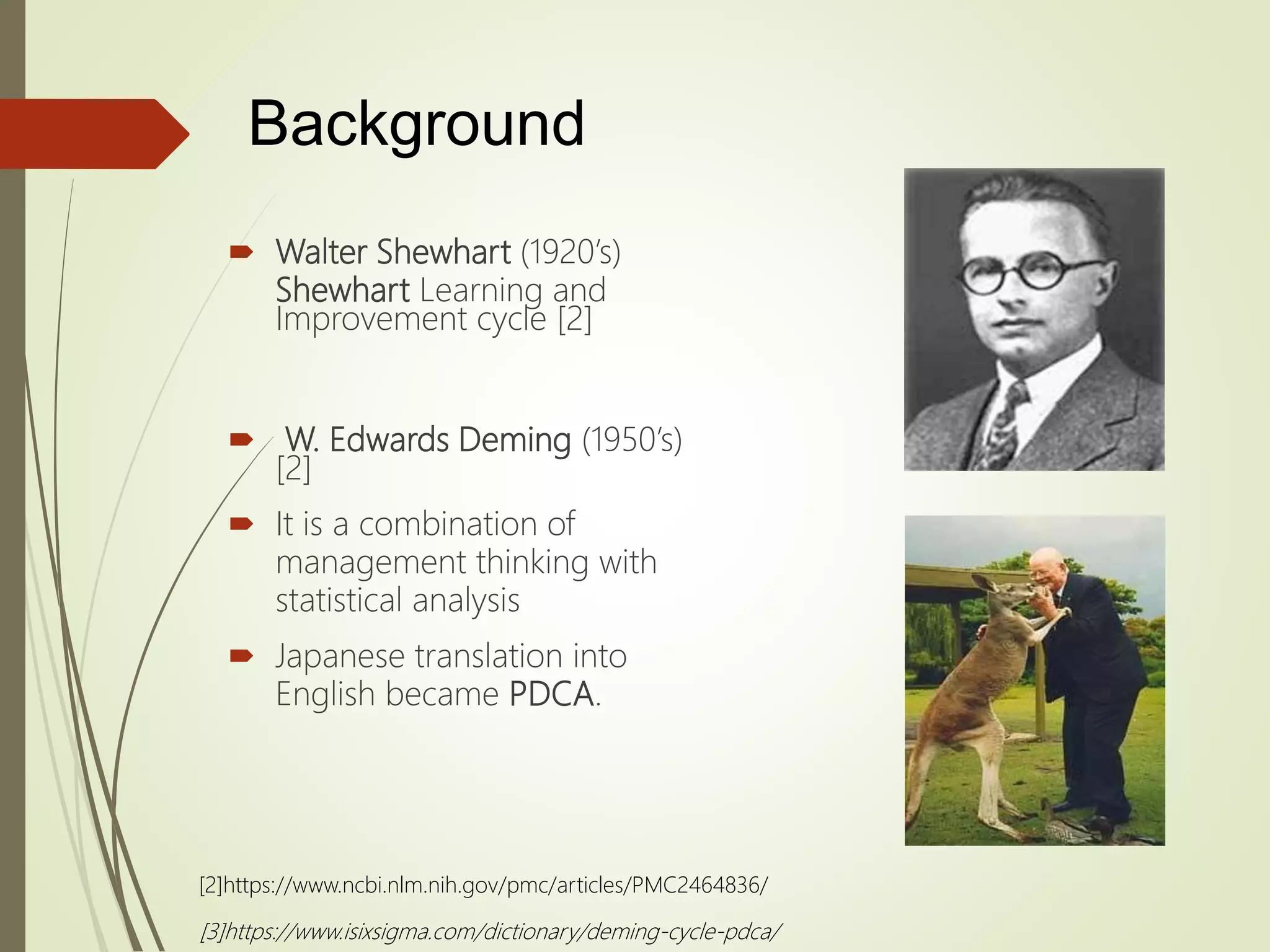 Background
 Walter Shewhart (1920’s)
Shewhart Learning and
Improvement cycle [2]
 W. Edwards Deming (1950’s)
[2]
 It is a combination of
management thinking with
statistical analysis
 Japanese translation into
English became PDCA.
[3]https://www.isixsigma.com/dictionary/deming-cycle-pdca/
[2]https://www.ncbi.nlm.nih.gov/pmc/articles/PMC2464836/
 