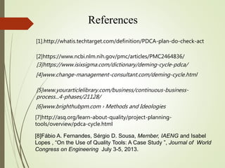 References
[3]https://www.isixsigma.com/dictionary/deming-cycle-pdca/
[2]https://www.ncbi.nlm.nih.gov/pmc/articles/PMC2464836/
[1].http://whatis.techtarget.com/definition/PDCA-plan-do-check-act
[4]www.change-management-consultant.com/deming-cycle.html
[5]www.yourarticlelibrary.com/business/continuous-business-
process...4-phases/21128/
[6]www.brighthubpm.com › Methods and Ideologies
[8]Fábio A. Fernandes, Sérgio D. Sousa, Member, IAENG and Isabel
Lopes , “On the Use of Quality Tools: A Case Study ”, Journal of World
Congress on Engineering July 3-5, 2013.
[7]http://asq.org/learn-about-quality/project-planning-
tools/overview/pdca-cycle.html
 