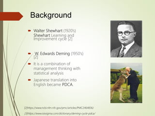 Background
 Walter Shewhart (1920’s)
Shewhart Learning and
Improvement cycle [2]
 W. Edwards Deming (1950’s)
[2]
 It is a combination of
management thinking with
statistical analysis
 Japanese translation into
English became PDCA.
[3]https://www.isixsigma.com/dictionary/deming-cycle-pdca/
[2]https://www.ncbi.nlm.nih.gov/pmc/articles/PMC2464836/
 