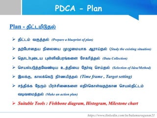 PDCA - Plan
Plan - jpl;lkpL;jy;
 jpl;lk; tFj;jy; (Prepare a blueprint of plan)
 jw;Nghija epiyia KOikahf Muha;jy; (Study the existing situation)
 njhlh;Gila Gs;sptpguq;fis Nrfhpj;jy; (Data Collection)
 nray;gLj;jNtz;ba cj;jpia Njh;T nra;jy; (Selection of Idea/Method)
 ,yf;F> fhyf;nfL eph;zapj;jy; (Time frame , Target setting)
 re;jpf;f NeUk; gpur;rpidfis vjph;nfhs;tjw;fhd nray;jpl;lk;
tbtikj;jy; (Make an action plan)
 Suitable Tools : Fishbone diagram, Histogram, Milestone chart
https://www.linkedin.com/in/balamuruganm21
 